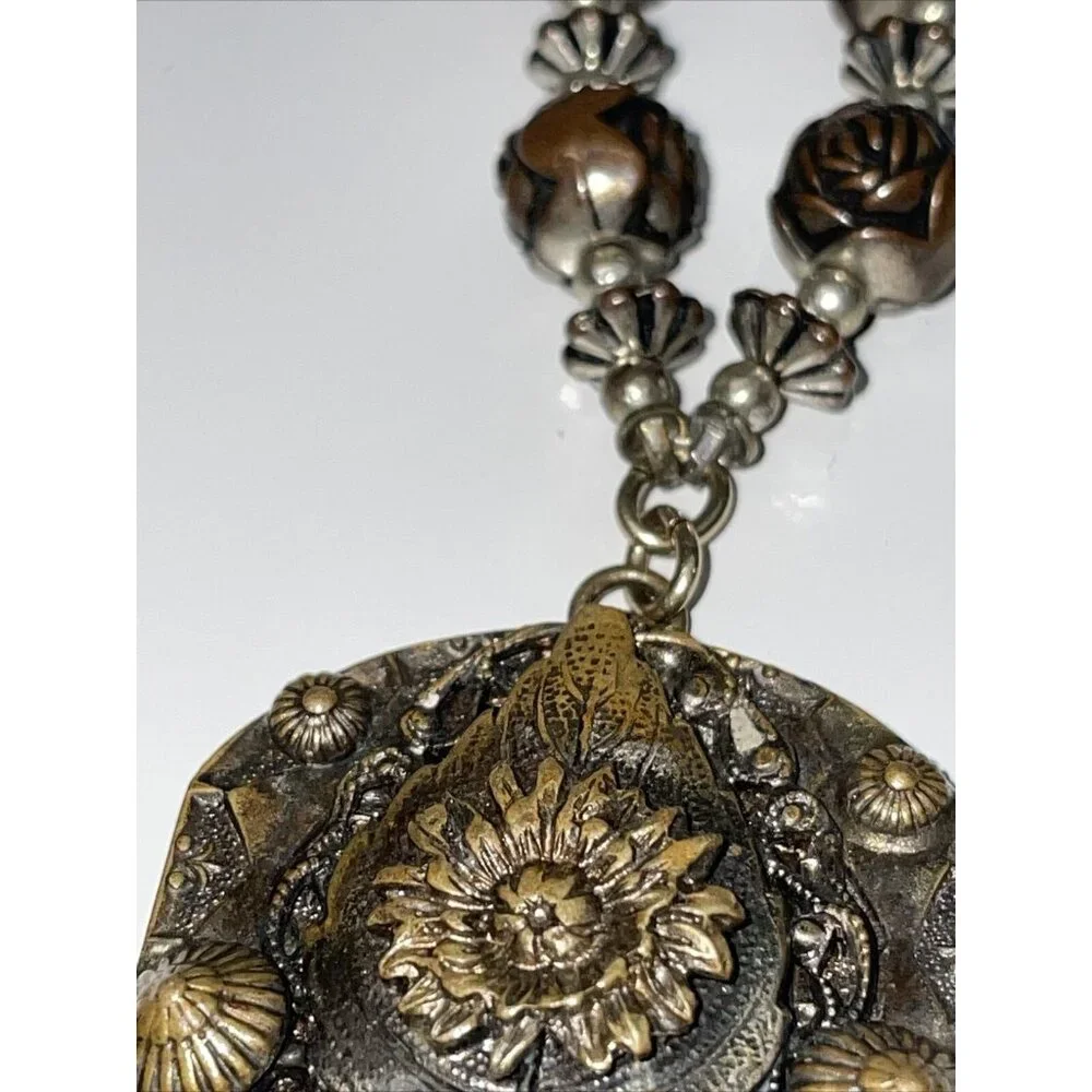Vintage Brass Rose Pendant Necklace With Plastic Beaded Roses Filigree Stunning!
